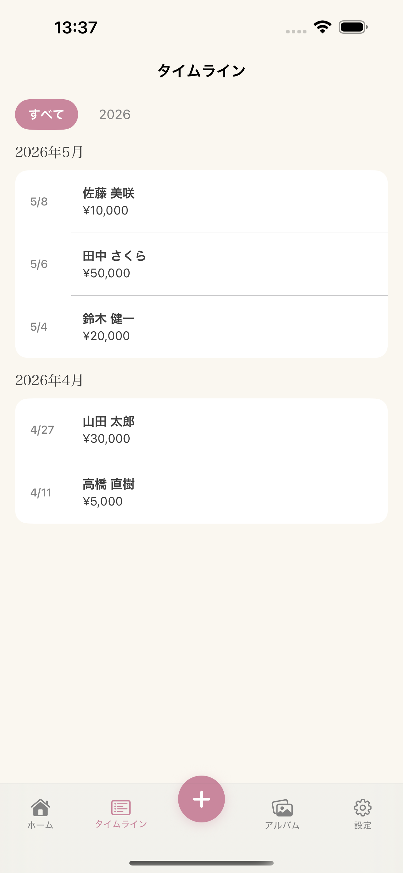 お祝いのタイムライン画面