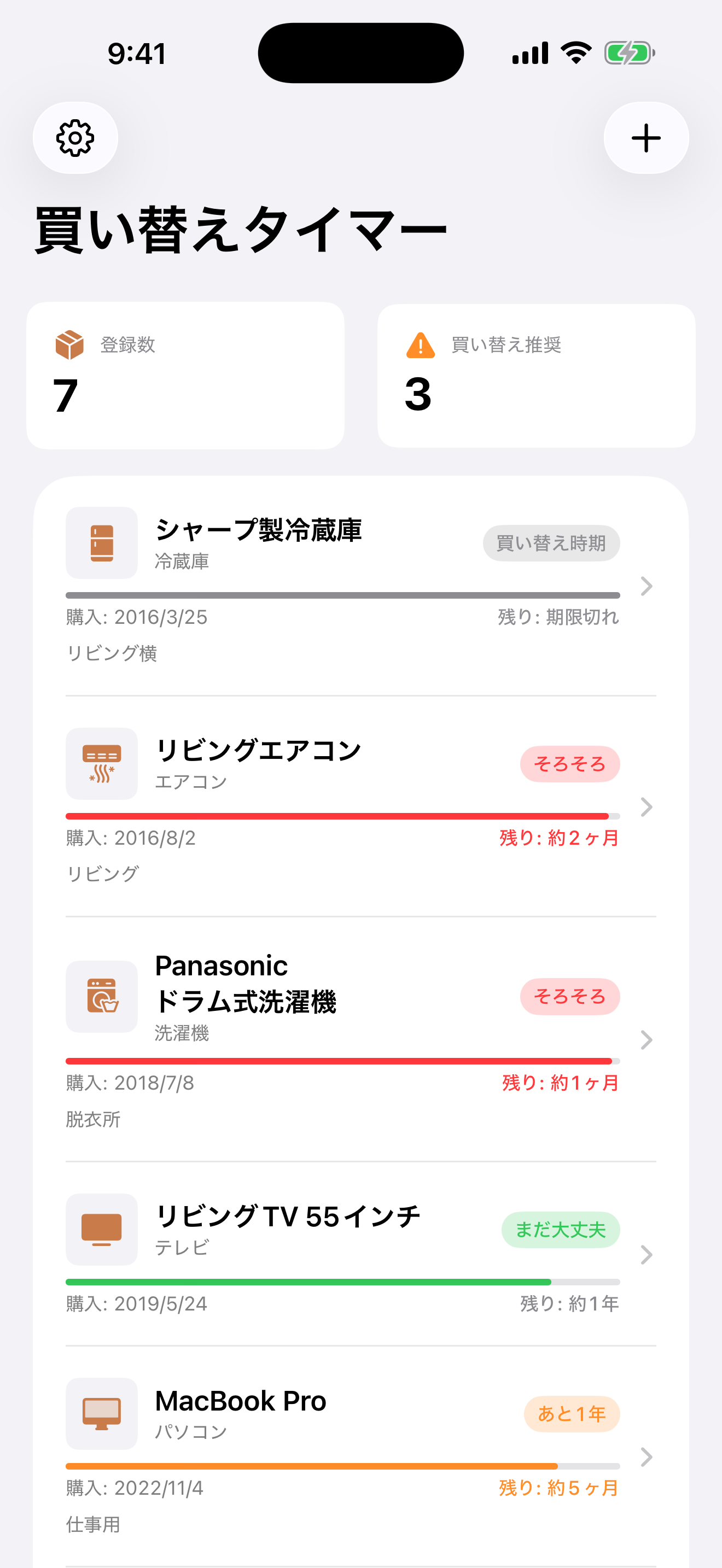 家電のダッシュボード画面